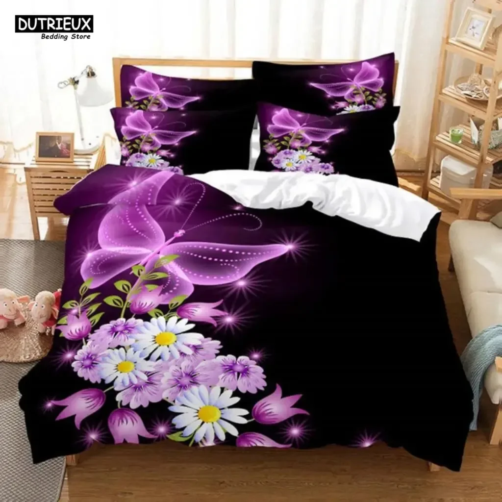 

Purple Flower Bedding Set Butterfly Bed Linen Double Queen King Twin Full Women Girls Romantic Lavender Duvet Cover Pillowcase