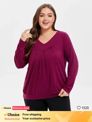 Plus Sized Clothing Long Sleeve Slim T-Shirts Solid Tops Plus Size Purple V-Neck Regular Sleeve Ruched Tee Causal Solid Tops