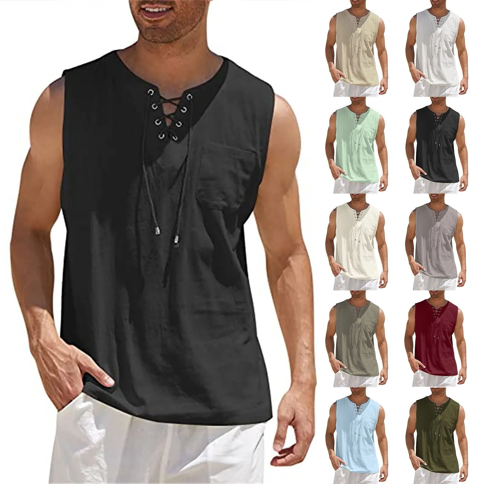 Men'S Casual Loose 2024 Shirts Cotton Linen Shirts Colour Sleeveless Vest Beachwear Sustainable Material Fashion Ropa Hombre