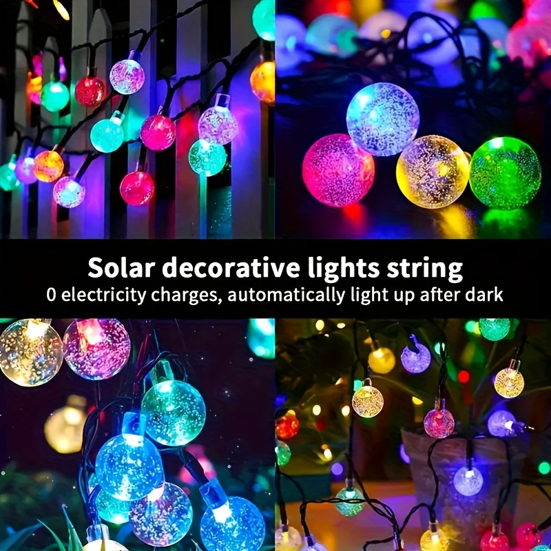 Guirnalda de luces LED solares con bola de cristal para exteriores, resistente al agua, con 8 modos de iluminación, lámpara de hadas para jardín, boda, fiesta, decoración navideña