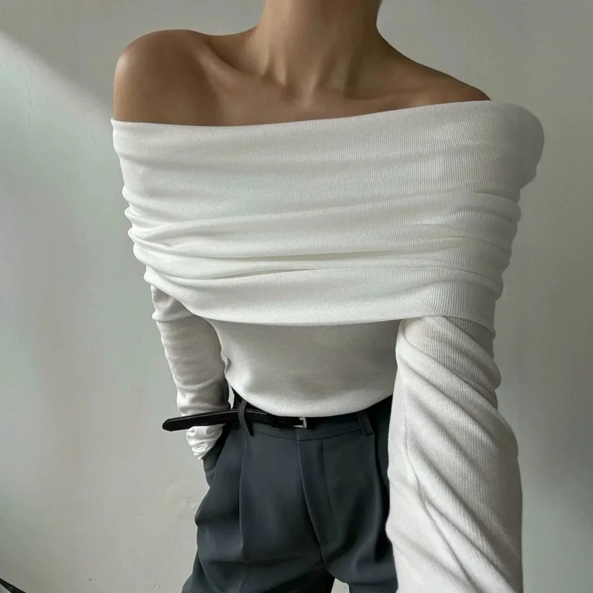 Autumn Winter Slim Knitted Sweater Women Fashion Basic Chic Pullover Long Sleeves Office Lady Pullovers Off-shoulder Sexy Jumper