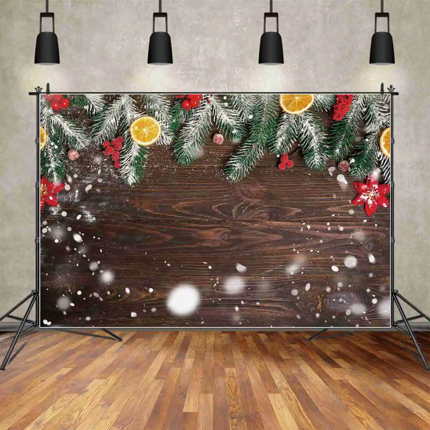 MOON.QG Backdrop Christmas Snowflake Wood Board Bean Flower Pine Lemon Decorations Background Children's Party Props Photo Booth