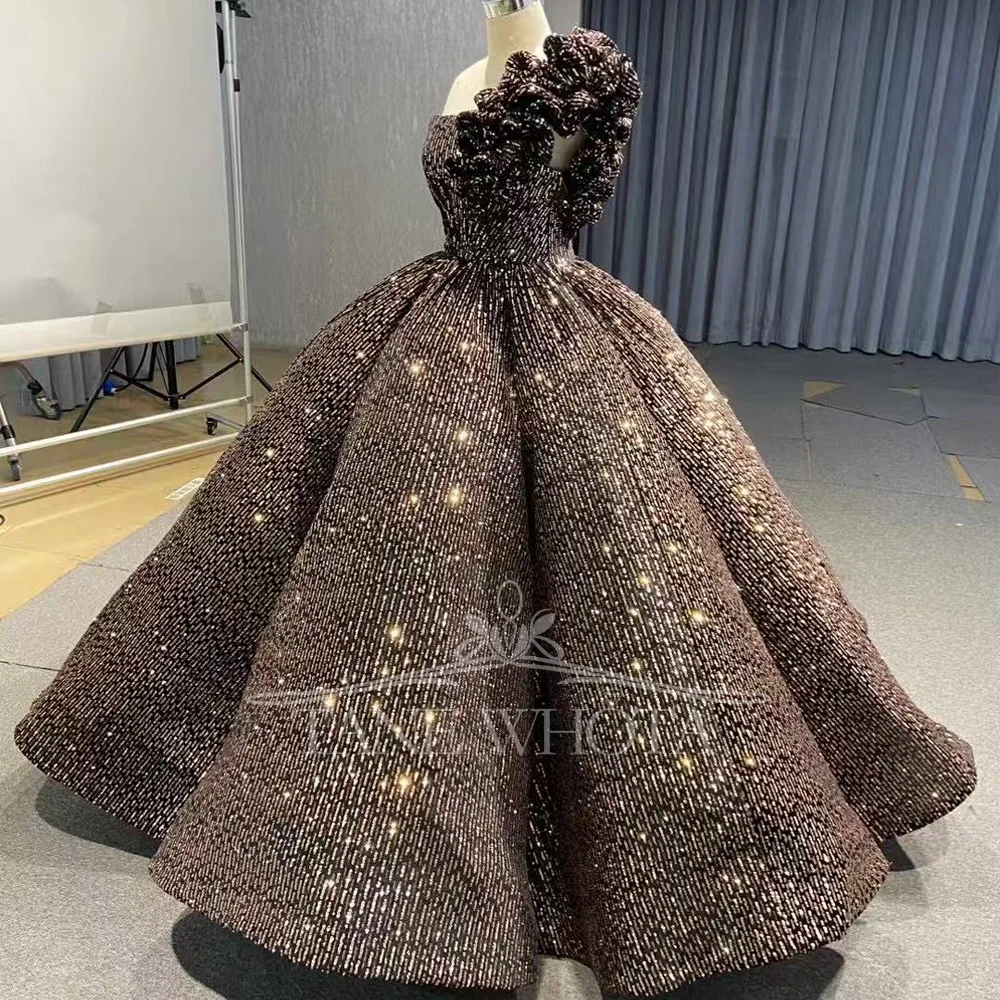 Luxe Strapless Sleeveless Evening Dress with 3D Flowers Sequins Black Gold Lace-up Back Customized Women's Party Gown