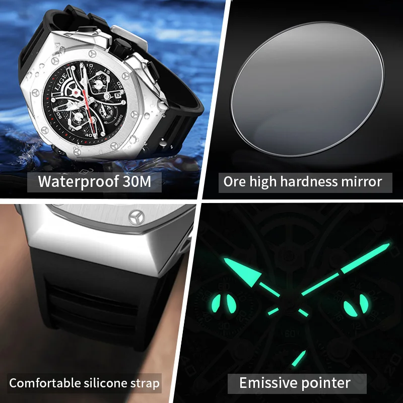 Reloj LIGE العلامة التجارية الفاخرة الجديدة ساعة رجالية كوارتز رجل ساعات مقاوم للماء ساعة مضيئة للرجال تاريخ كرونوغراف ساعة يد رياضية #6