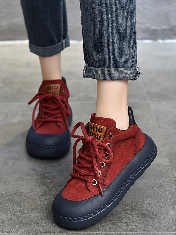 GKTINOO Thick Heel Boots High Top Sneakers Women Genuine Leather Flat Platform Round Toe Shoes Lace Up Soft Soles Short Boots