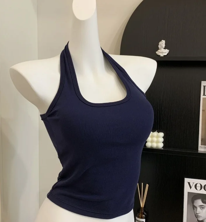 

Top Women Navy Blue U-Neck Backless Vest Pure Cotton Slim Fit Versatile Top Summer Basic Style Hanging Neck Elegant Vest Top