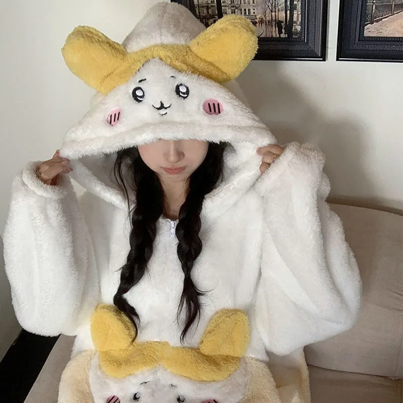 

Kawaii Chiikawa Coral Velvet Hooded Usagi Pajamas Girl Cartoon Hachiware Usagi Jumpsuit Pajamas Women's Velvet Home Clothes Warm