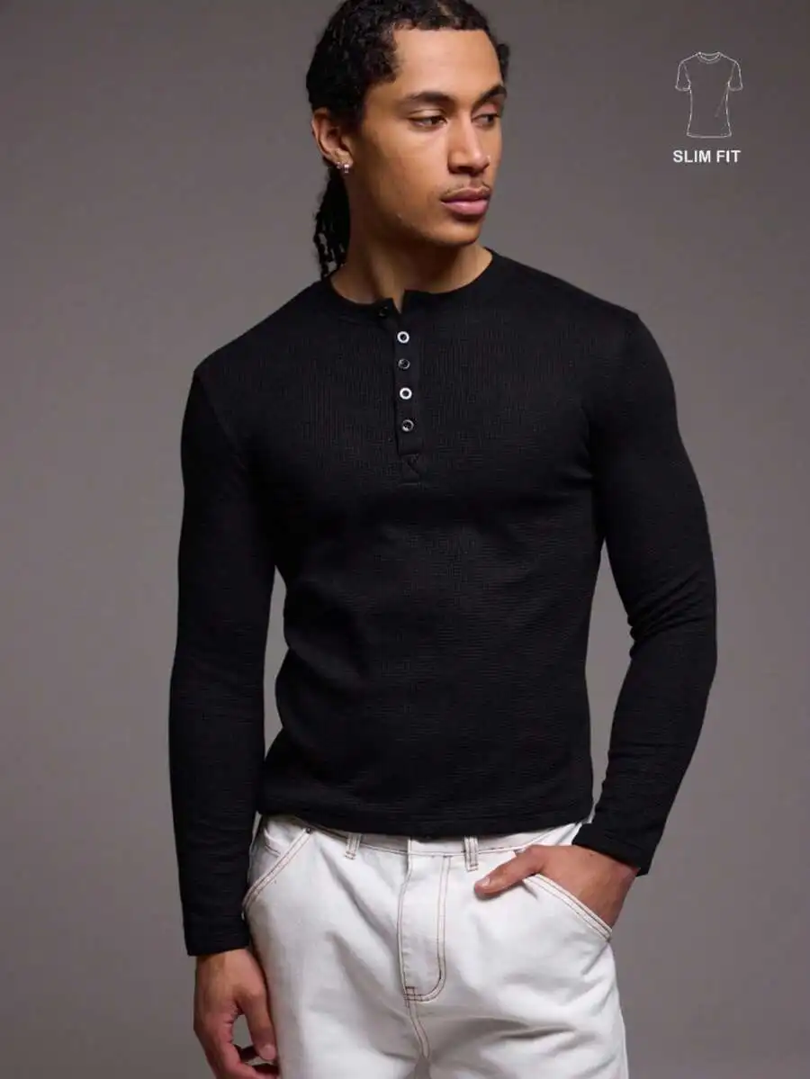 

Black Waffle Knit Henley Long Sleeve Slim Fit Top for Spring Summer
