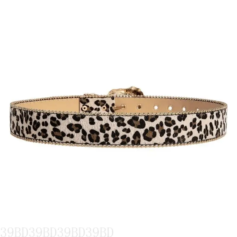 

39BD 2000s Leopard Print Belt for Casual Party with Carved Buckle Fashion Belt for Jeans Pants Adult Decorative Waistband