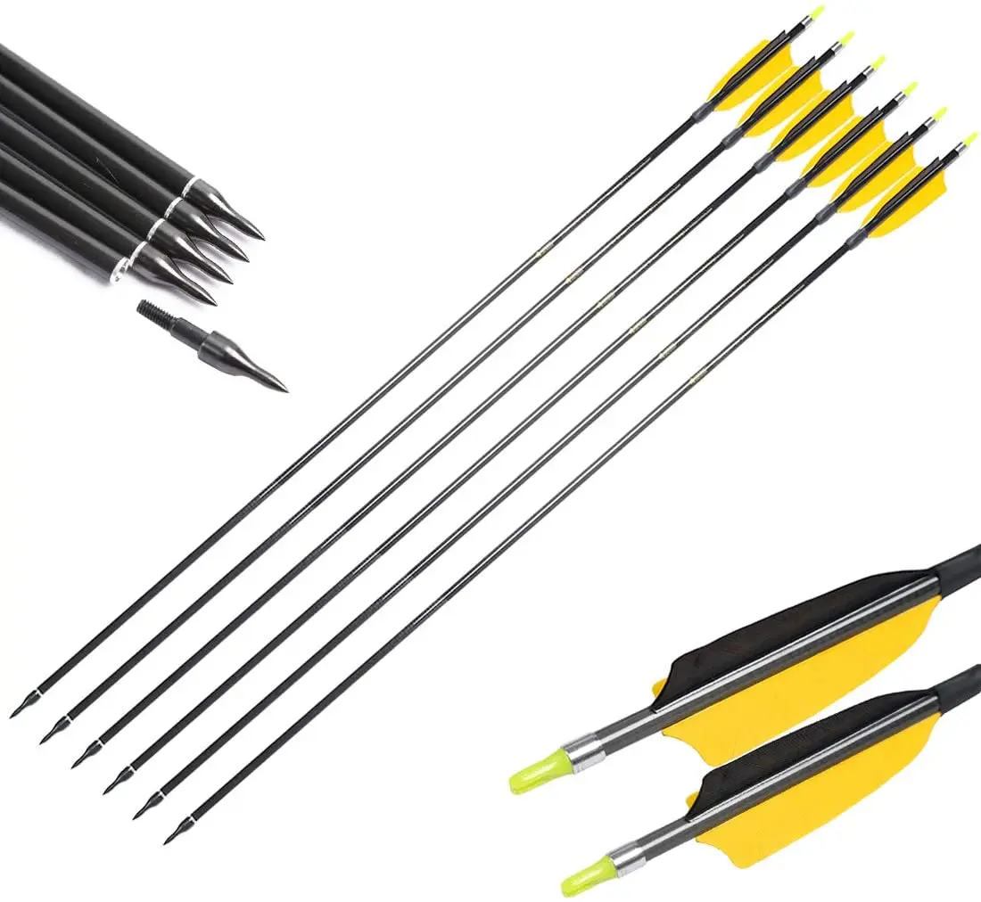 6pcs Archery 100% Pure Carbon Arrow Spine300 340 400 500 600 700 800 ID6.2mm for Compound Bow Traditional Shooting