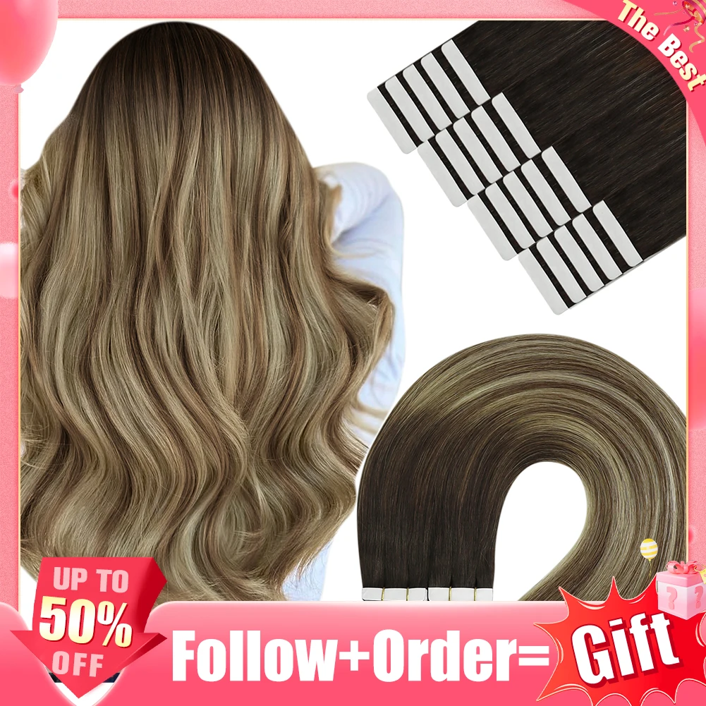 YoungSee Tape in Hair Extensions Echt haar Steil Naadloze huidinslag 100% echt haar Tape in 12-24 inch