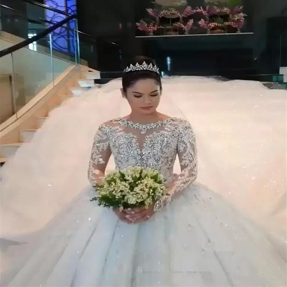 Vestidos De Novia De línea A con cuentas De lentejuelas brillantes personalizados, mangas largas hasta el suelo, Vestido De Novia hecho a medida, árabe De Dubái 2024