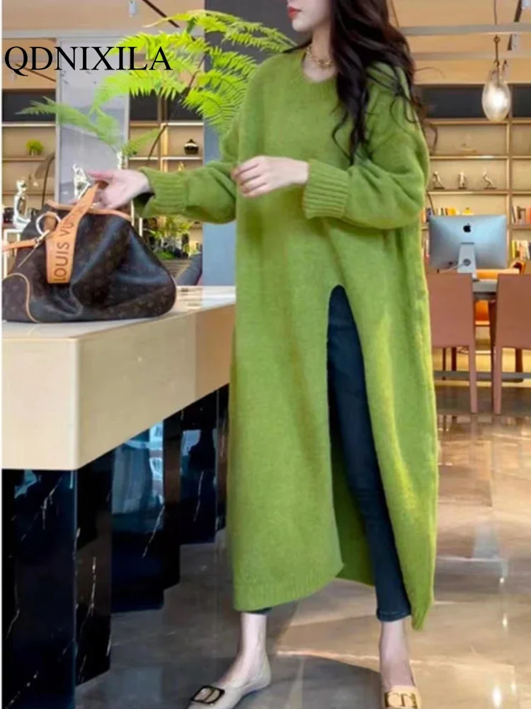 Womens Dresses Knitted Dress Autumn Winter 2024 New Female Clothing Solid Color Long Sleeve Round Neck Split Long Sweater Skirt