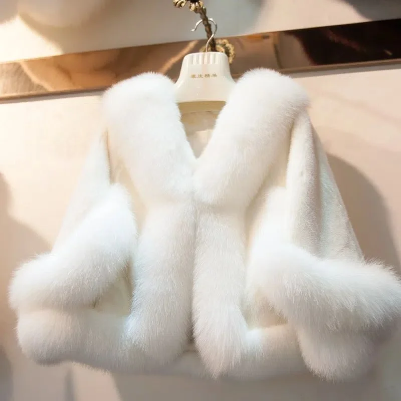 Sleeves Imitation Mink Fur Winter Bride Fox Fur Shawl Wedding Dress Cloak Formal Dress Cheongsam Fur Cloak Coat White Female