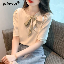 Women Korean Fashion Elegant Chic Lace Up Bow Short Sleeve T-shirt 2024 Summer Casual Sweet Solid Loose Cotton Tops Ropa Mujer