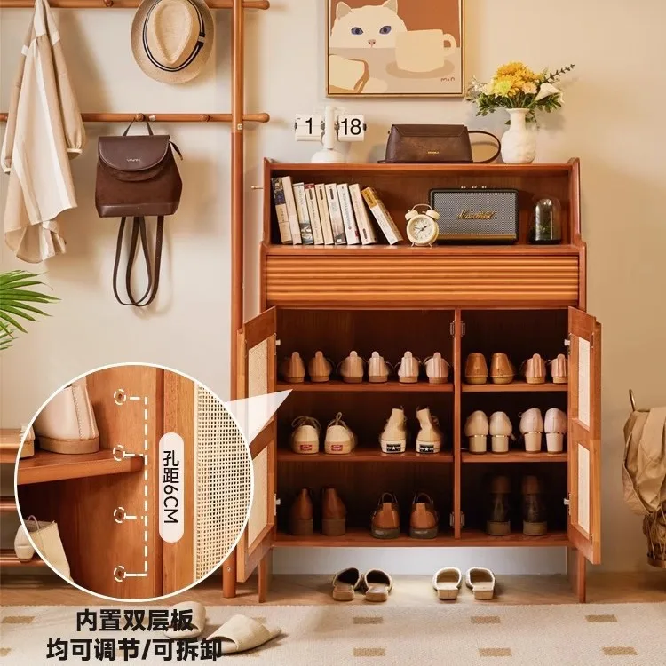 ไม้เนื้อแข็งหวายตู้รองเท้าทางเข้าตู้เก็บของในครัวเรือนที่เรียบง่ายห้องโถงตู้หลายชั้นระเบียงกันฝุ่น