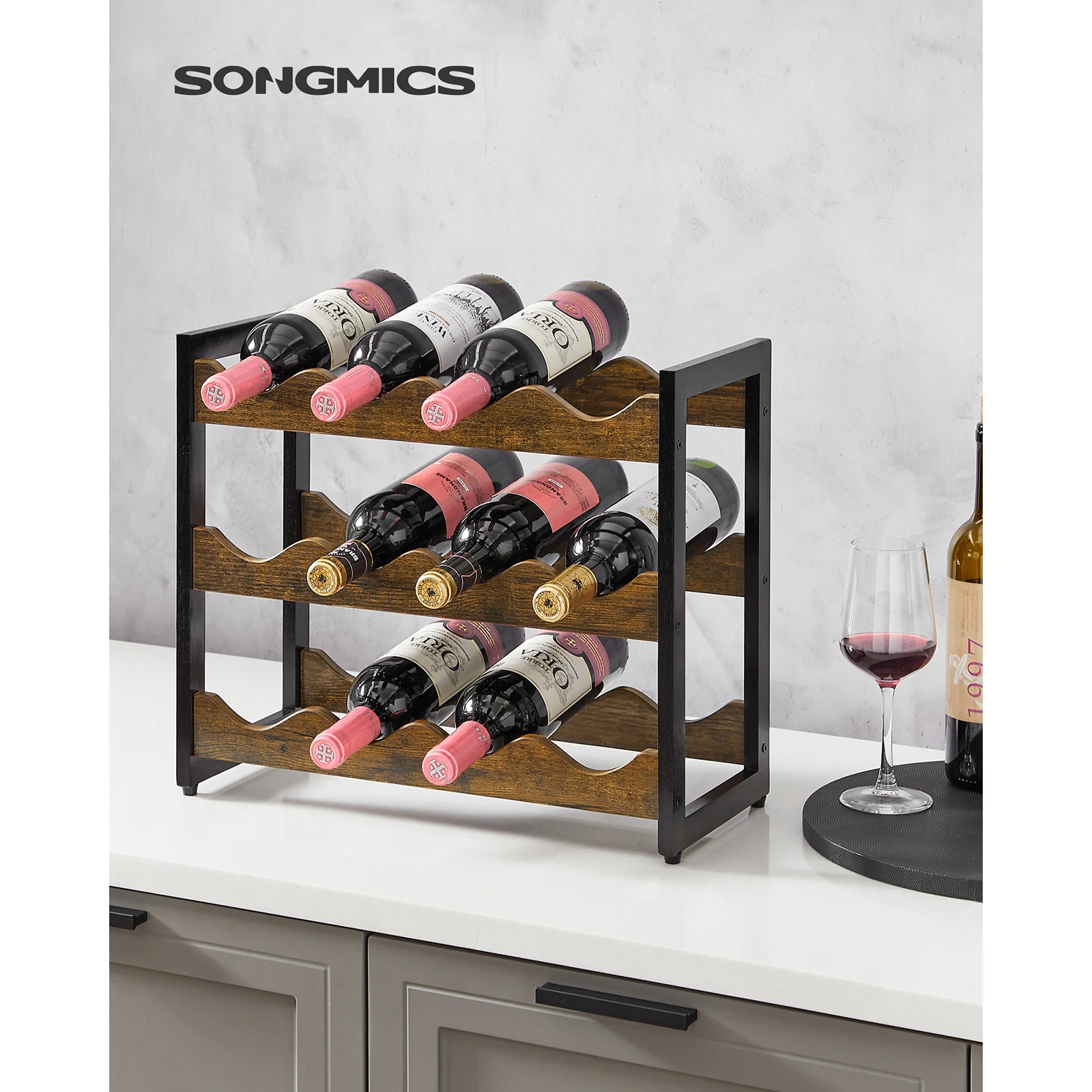 SONGMICS 3-Tier Bamboo Wine Rack for 12 Bottles, Countertop Storage Shelf, Home Bar Display, Kitchen, Dining, Pantry, Cupboard