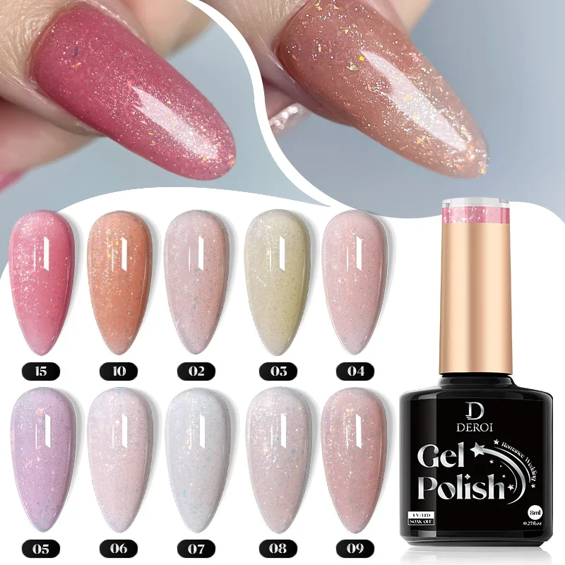 DEROI Regular Nail Polish Glitter Gel Nail Polish Sparking Shiny Soak Off UV Gel Varnish Semi Permanent Nail Art Manicure 8ml