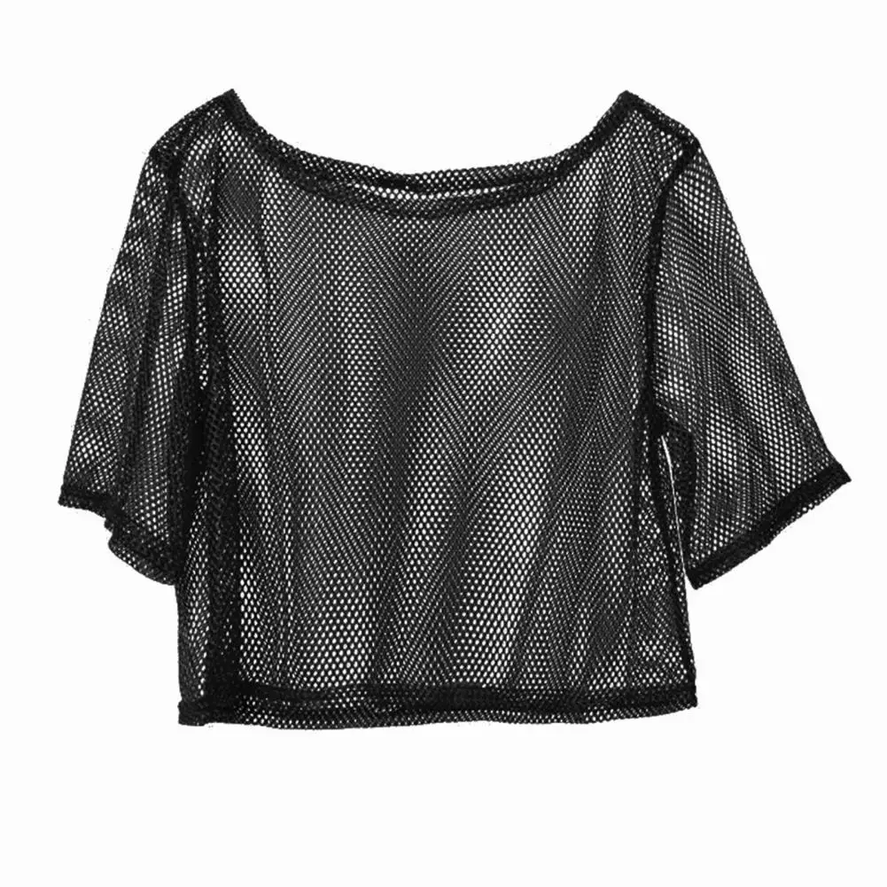 Sexy Mesh Top Stylish Women's Fishnet T-shirt for Nightclub Party Hollow Out Three Quarter Sleeve Pullover with See-through