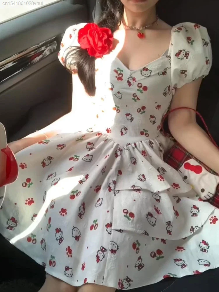 Sanrio-vestido de Hada de Hello Kitty para niñas, manga de burbuja, Kawaii Lolita Y2k, Vestidos de Fiesta Cortos mullidos, vestidos Midi lindos, moda de verano