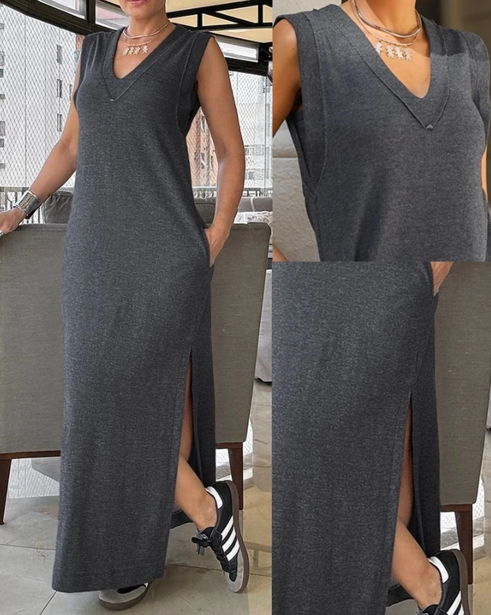 Women Fashion V Neck Pocket Design Slit Midi Dress 2024 Summer Casual Plain Sleeveless Daily Straight Long Dress