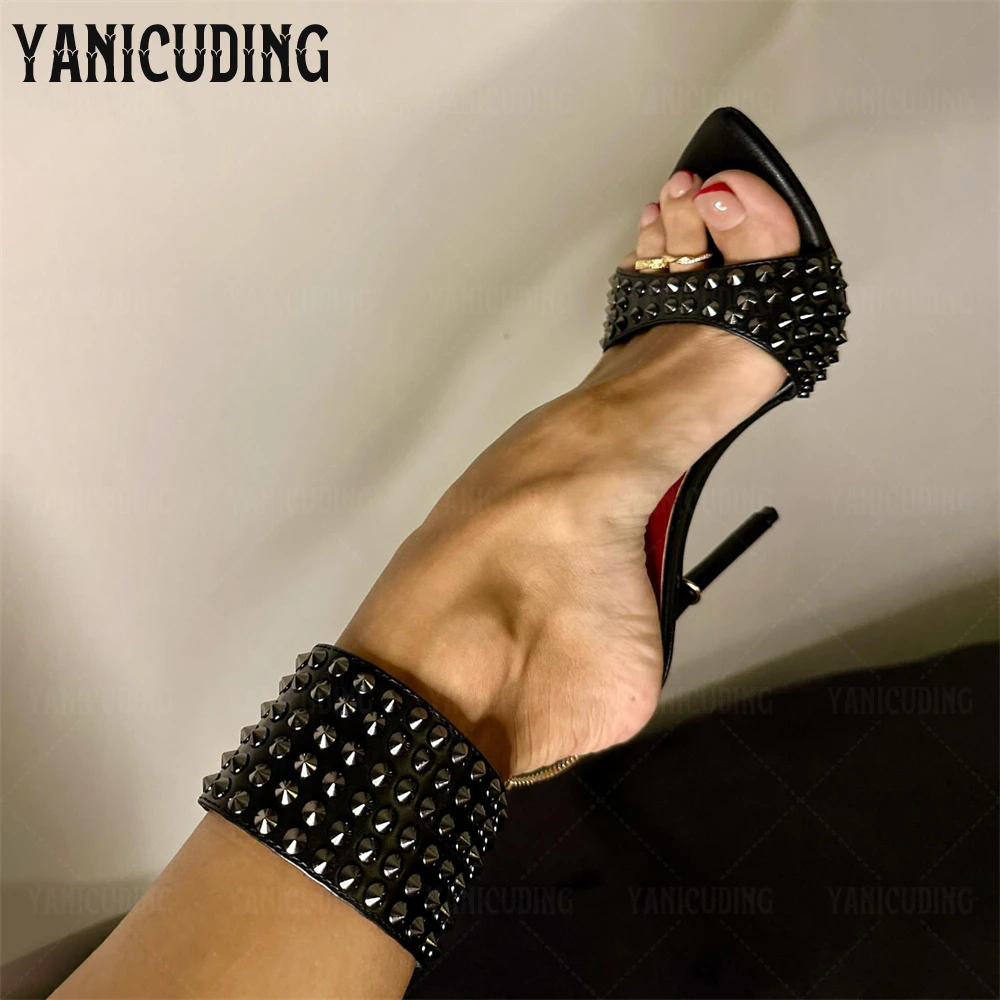 Punk Sexy Stiletto Sandals Belt Buckle Rivet High Heels Pointed Toe Stiletto Leather Summer Shoes Sexy Buckle Sandals Customized
