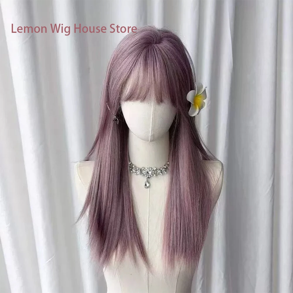 Grey Purple Synthetic Wig with Bangs Long Straight Hair Lolita Cosplay Daily Natural Wigs for Women Halloween Costume Wig 가발