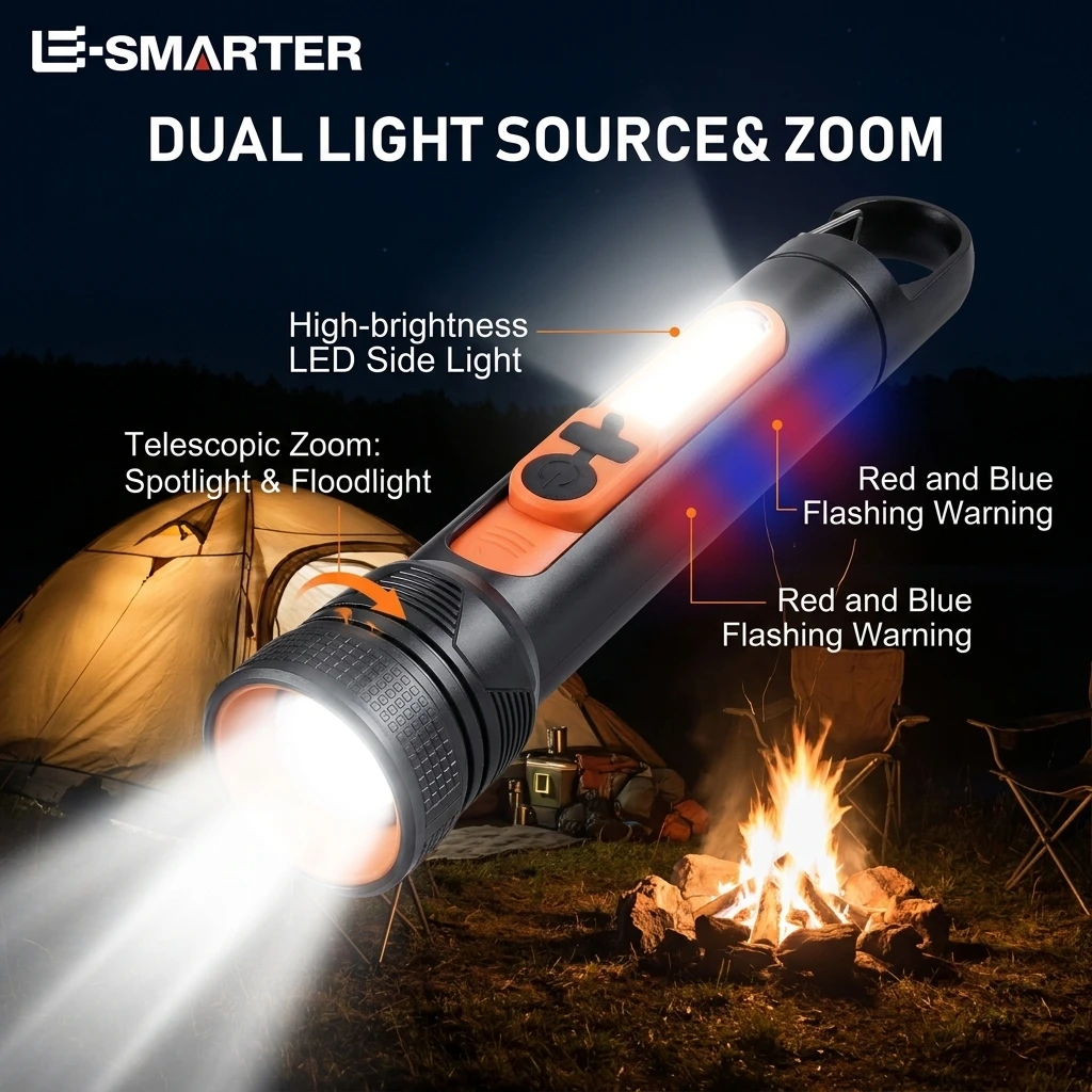 Multi‑Functional Zoom High‑Intensity Long‑Distance Handheld Torch Outdoor Flashlight Built‑in Side Lamp Hanging Hook