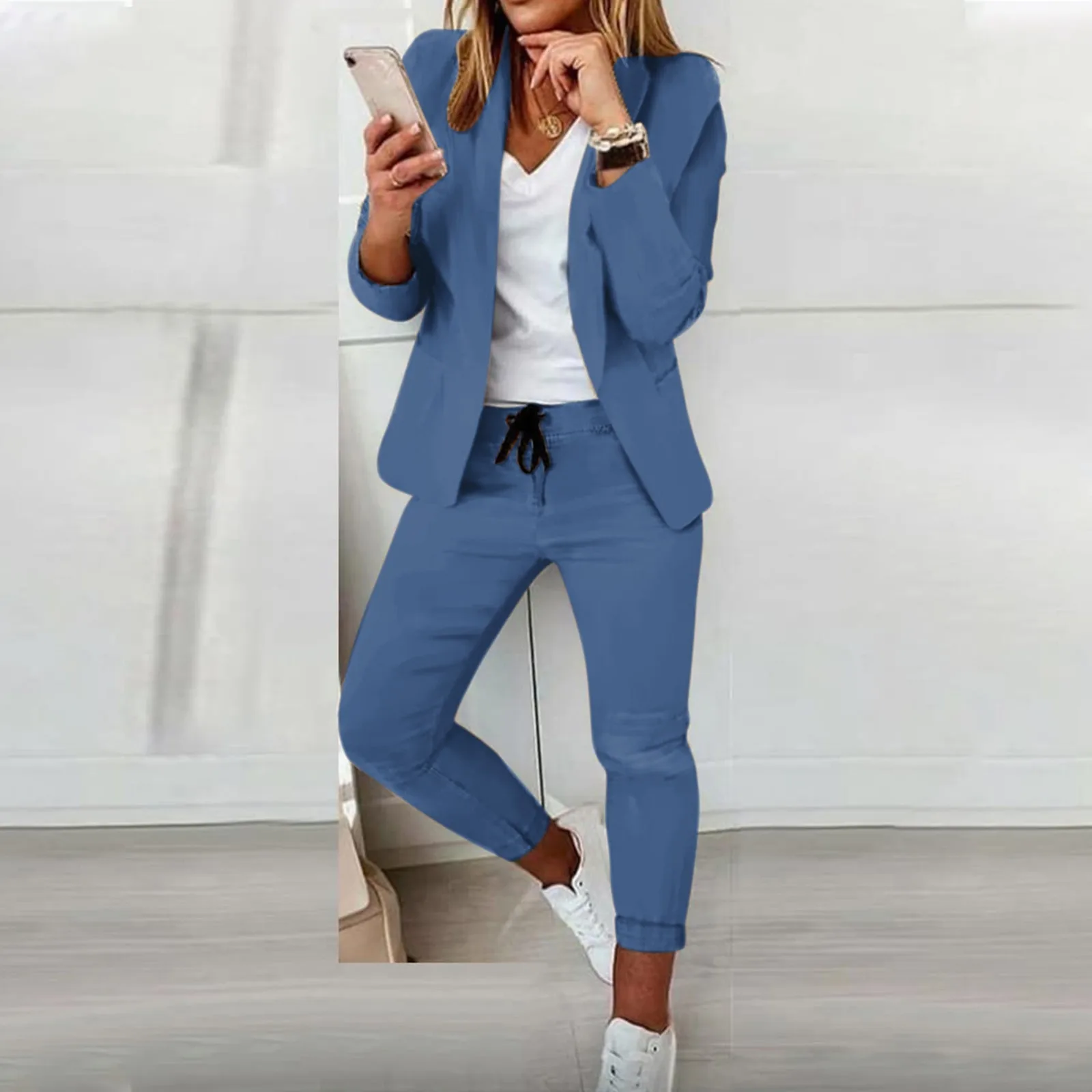 Women Coat Pants Set Elegant Women\'s Business Suit Set with Long Sleeves Slim Fit Pants Professional Lapel Trousers for Work