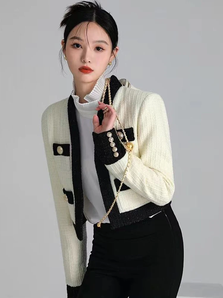 

2023 Tops Coats Spring Small Fragrance Tweed Jacket Female Blazer Coat Long Sleeve Button Short Coat Autumn Casual Women Outwear