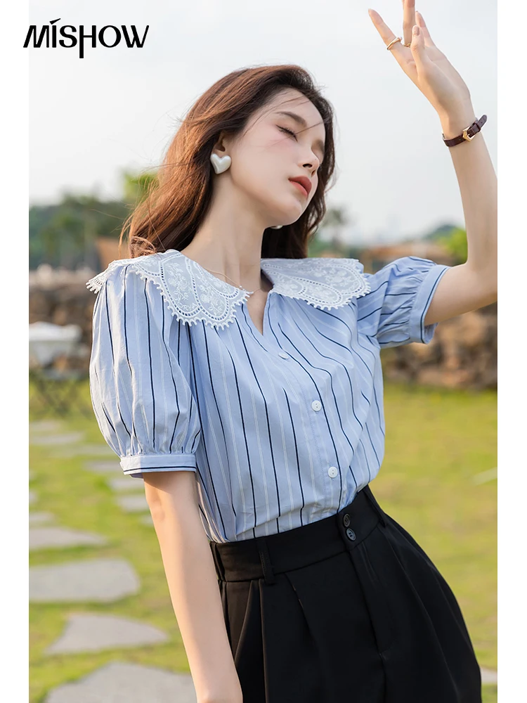 MISHOW Summer Women\'s Striped Short Sleeve Blouses Female Clothing Lace Peter Pan Collar Puff Sleeve Sweet Tops MXB25C0408