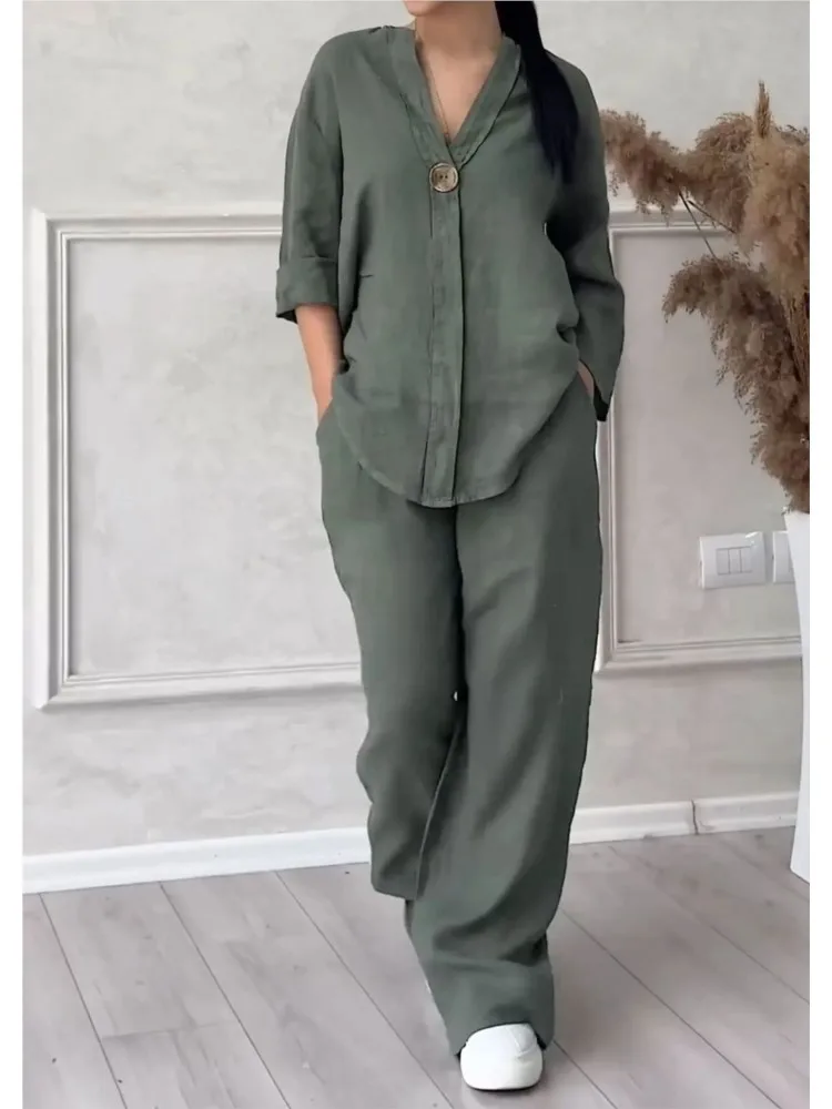 Autumn Solid Color Women 2 Piece Set Outfit 2024 V-neck One-button Shirt Top & Wide-leg Women Pants Summer Outfit