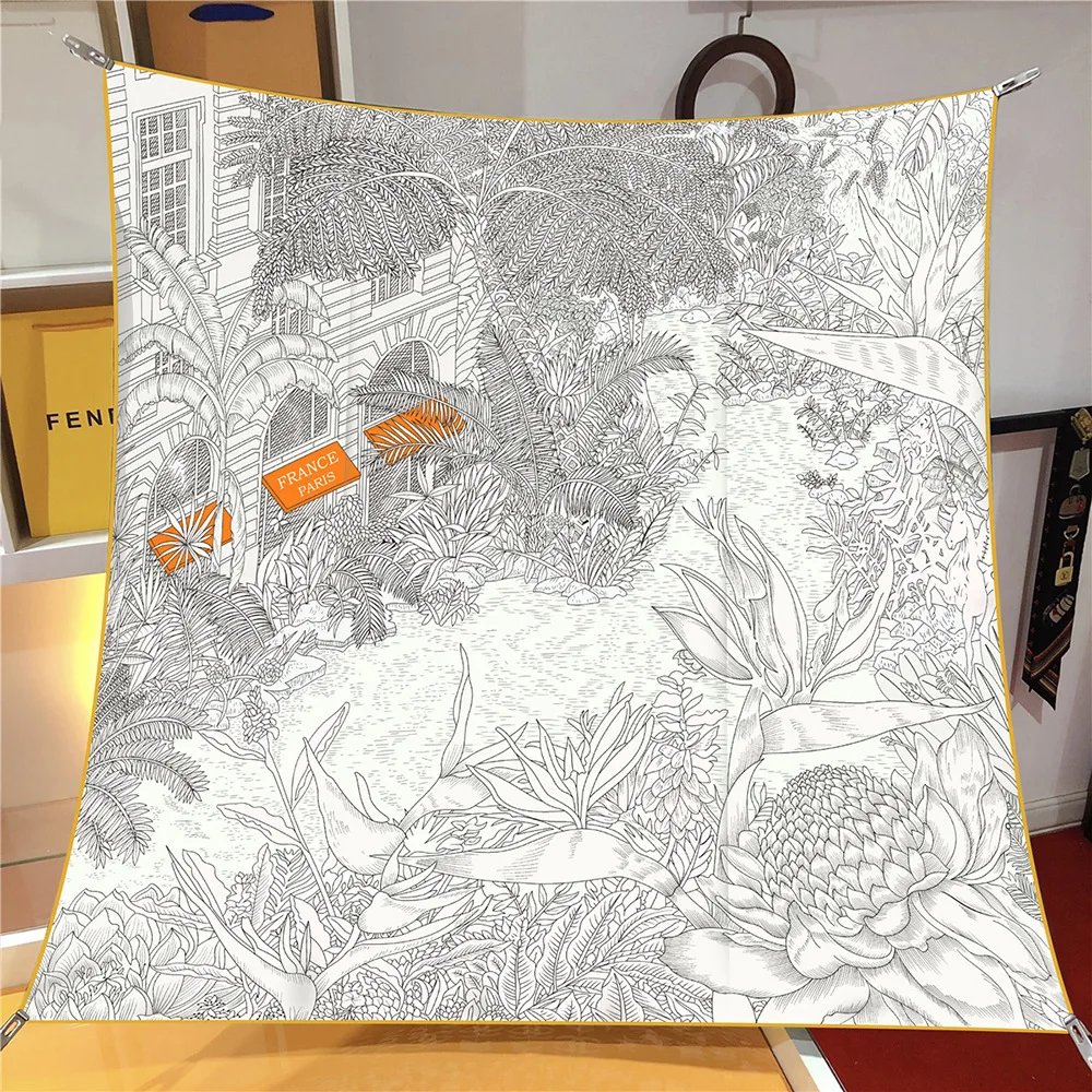 French Vintage Garden Floral 90cm Twill Scarf, Women’s Versatile Square Shawl, Decorative Wrap & Head Scarf, Gift Idea