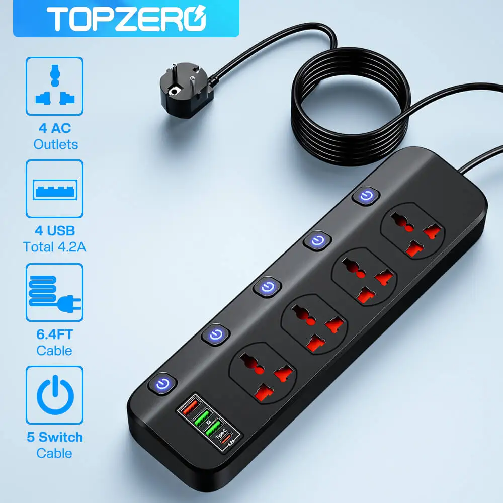 2500W Smart Power Strip gniazdo ścienne USB z ochroną przeciwprzepięciową 1.97m przedłużacz typu C gniazdo USB przejściówka Adapter do domowego biura