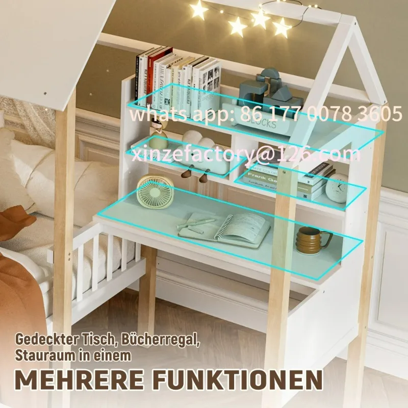 سرير أطفال قابل للتخصيص مقاس 90 × 200 سم مع قاعدة شرائح للسكك الحديدية الآمنة - مكتب على شكل حرف L، رف كتب، أدراج دوارة من الخشب الصلب متعدد الوظائف #3