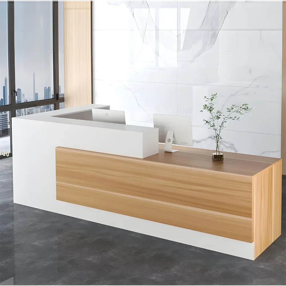 

Modern Wooden Reception Desk with Counter and Lockable Drawers,Shaped Office Reception Desk for Beauty Salon and Retail Checkout