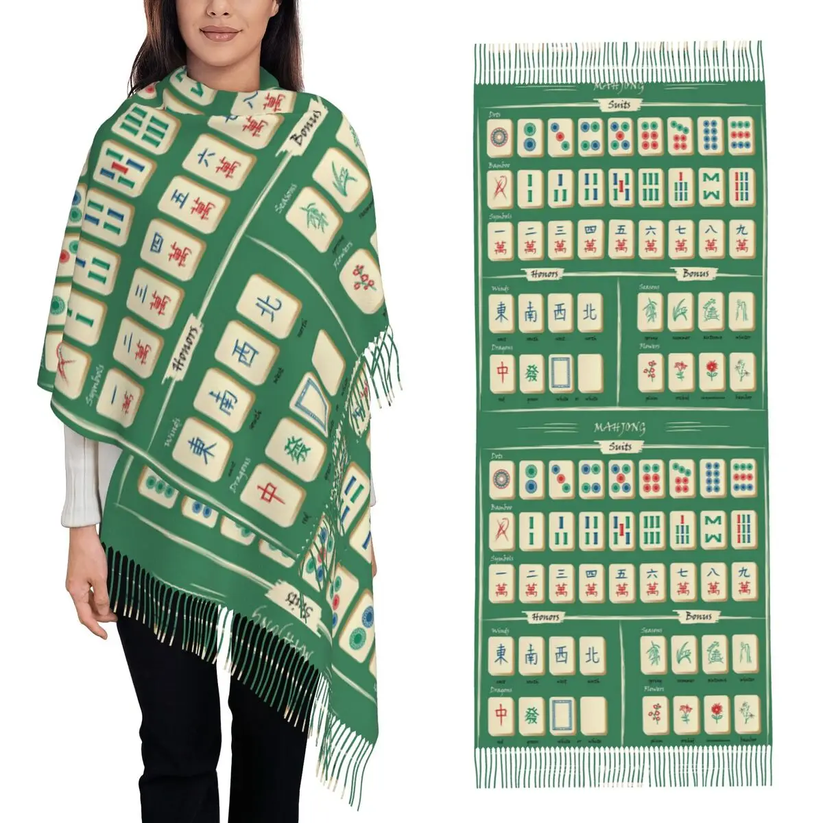 

Шарф с узором плитки для маджонга, шарфы с кисточками для женщин, мягкие теплые шали и накидки, длинная осенне-зимняя шаль