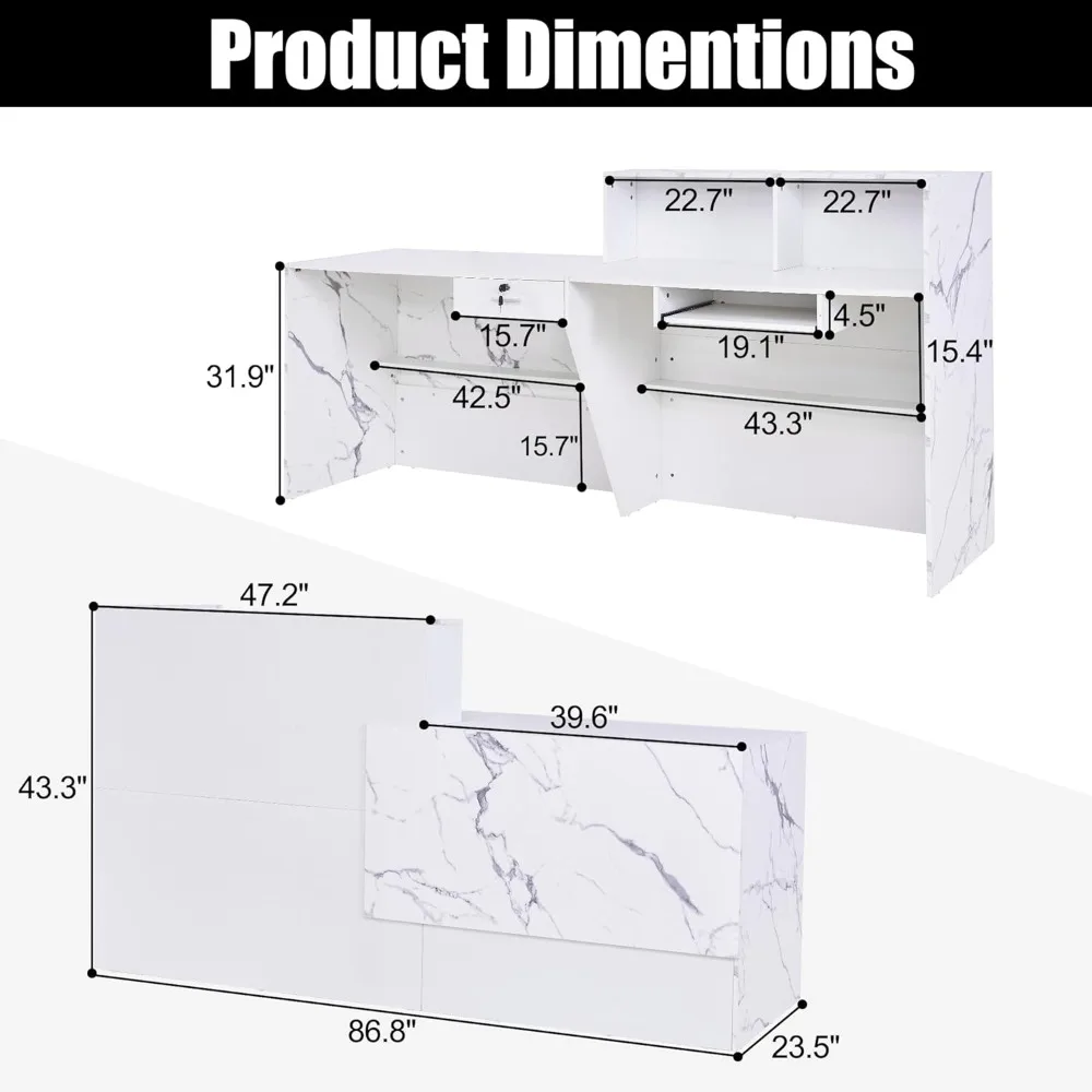 Mostrador de recepción moderno con cerradura y bandeja para teclado, estantes, blanco para oficinas corporativas y configuraciones profesionales