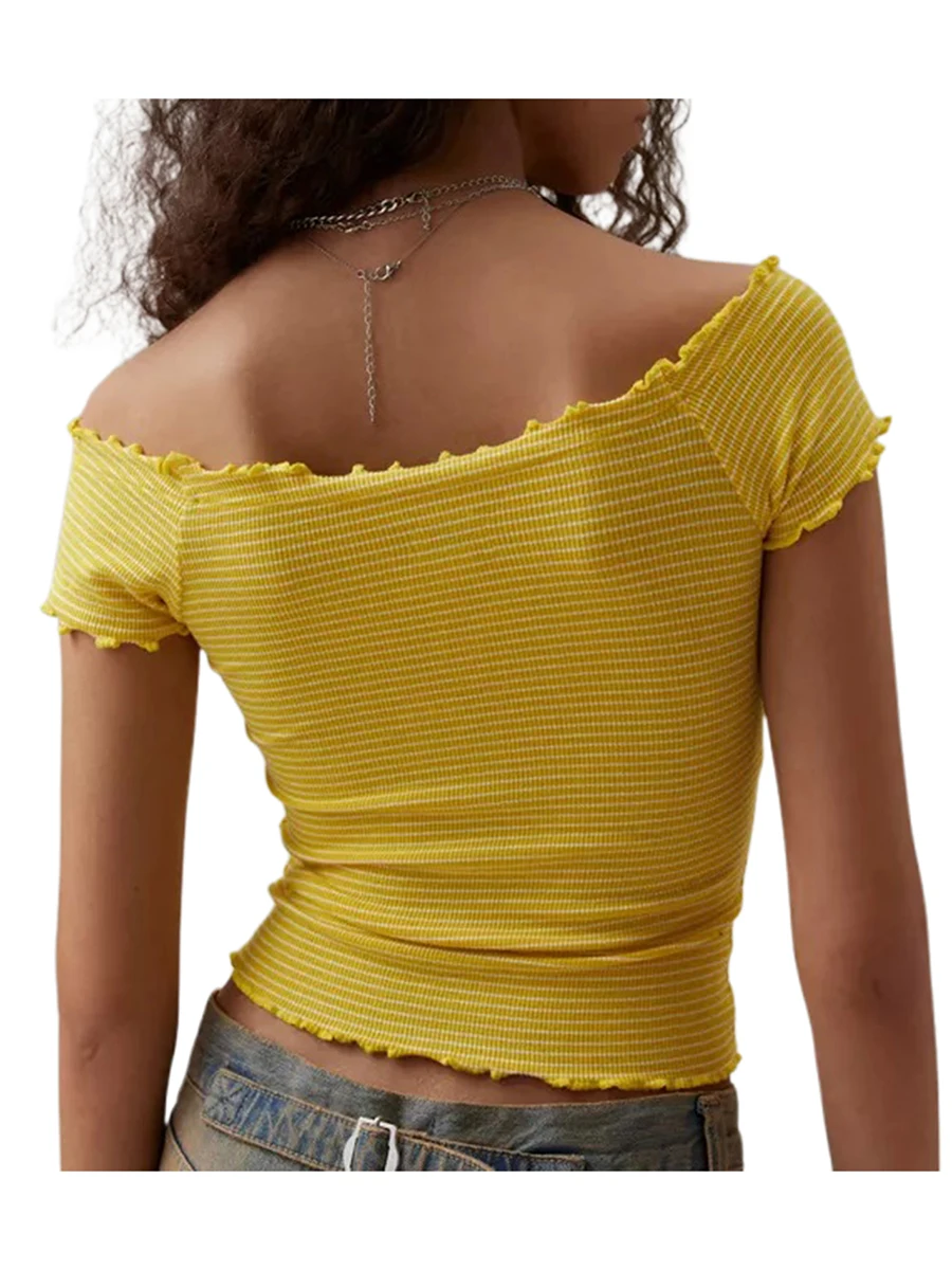 Camisetas cortas con hombros descubiertos para mujer, camisetas de verano con estampado de rayas y cuello barco, manga corta