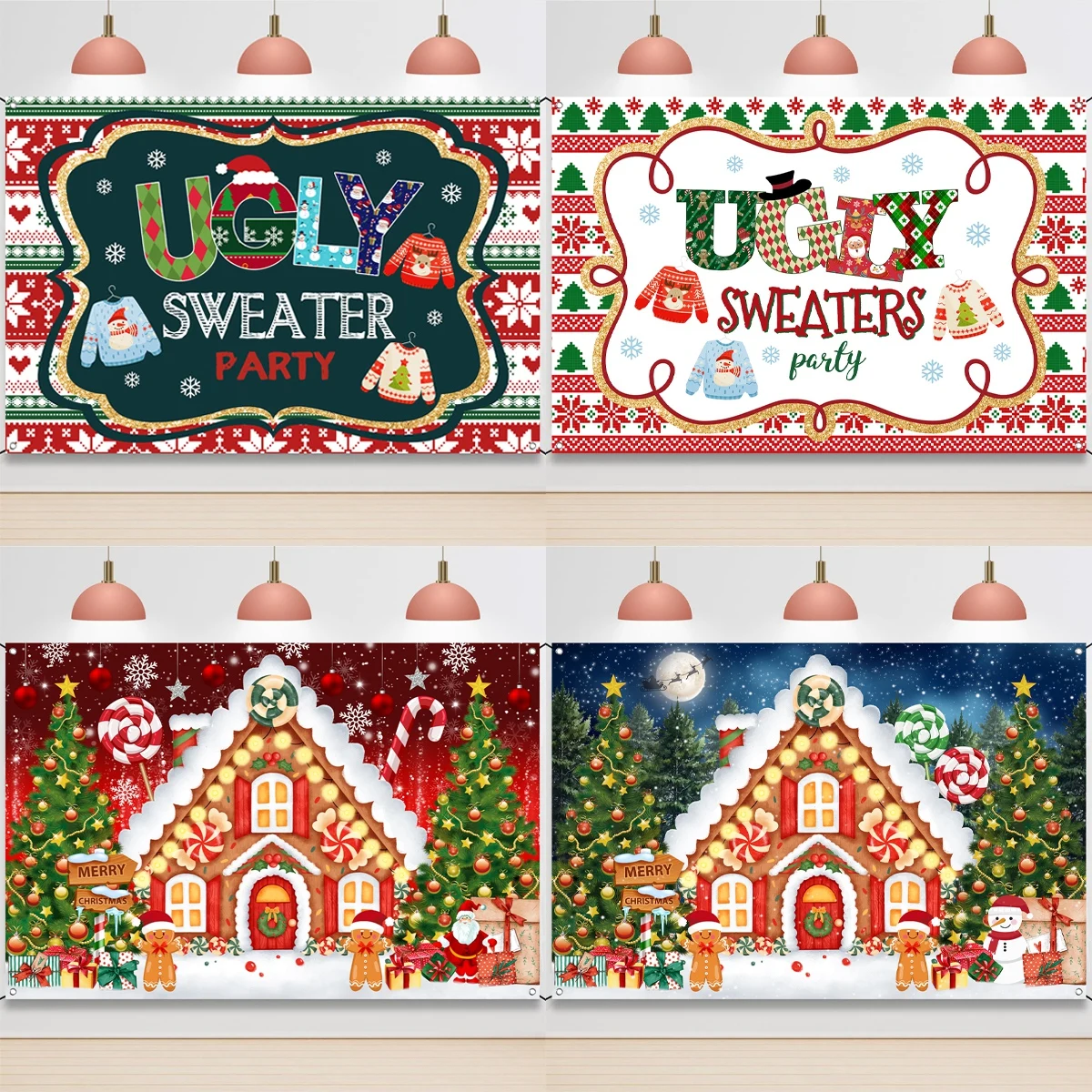 Christmas Backdrop Ugly Sweater Party Supplies Snowman Santa Claus Background Xams Decoration for Home 2024 New Year 2025 Gift