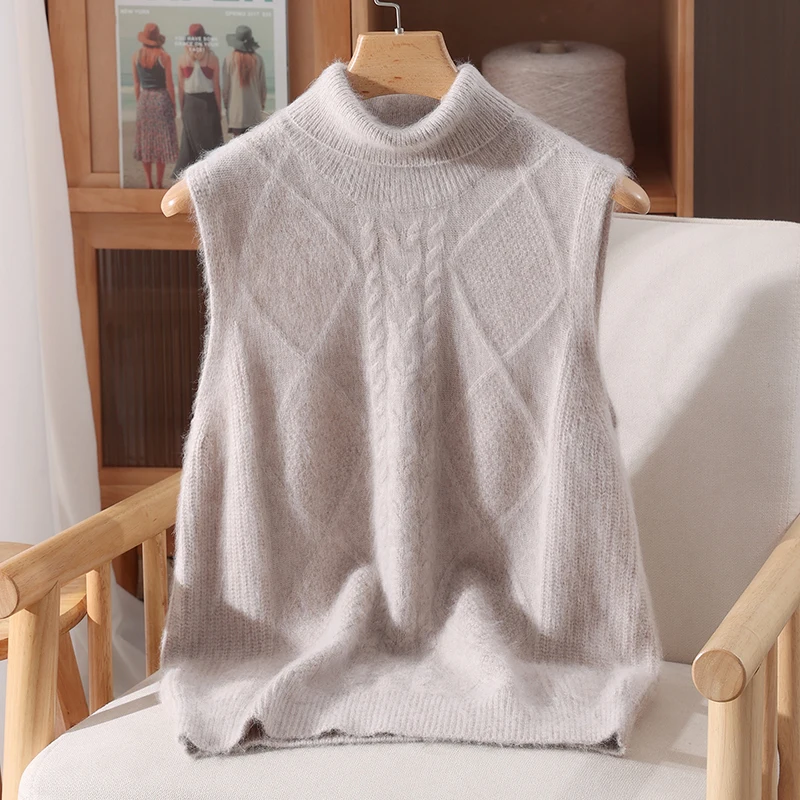 Feminino mock neck quente macio requintado pulôver sem mangas camisola outono inverno 100% vison cashmere cabo ponto roupas topos