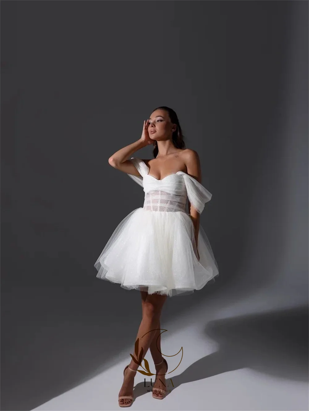 Luna Mini After Wedding Party Dresses for Bride Off the Shoulder Short Prom Gown Customized Shiny Tulle Bride's Dress