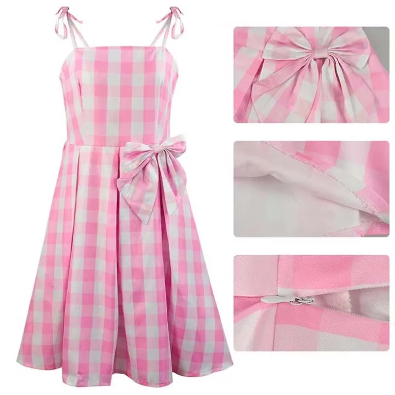 فستان نسائي منقوش باللون الوردي من فيلم Princess Cospaly مع ربطة عنق وقلادة كهدية للهالوين