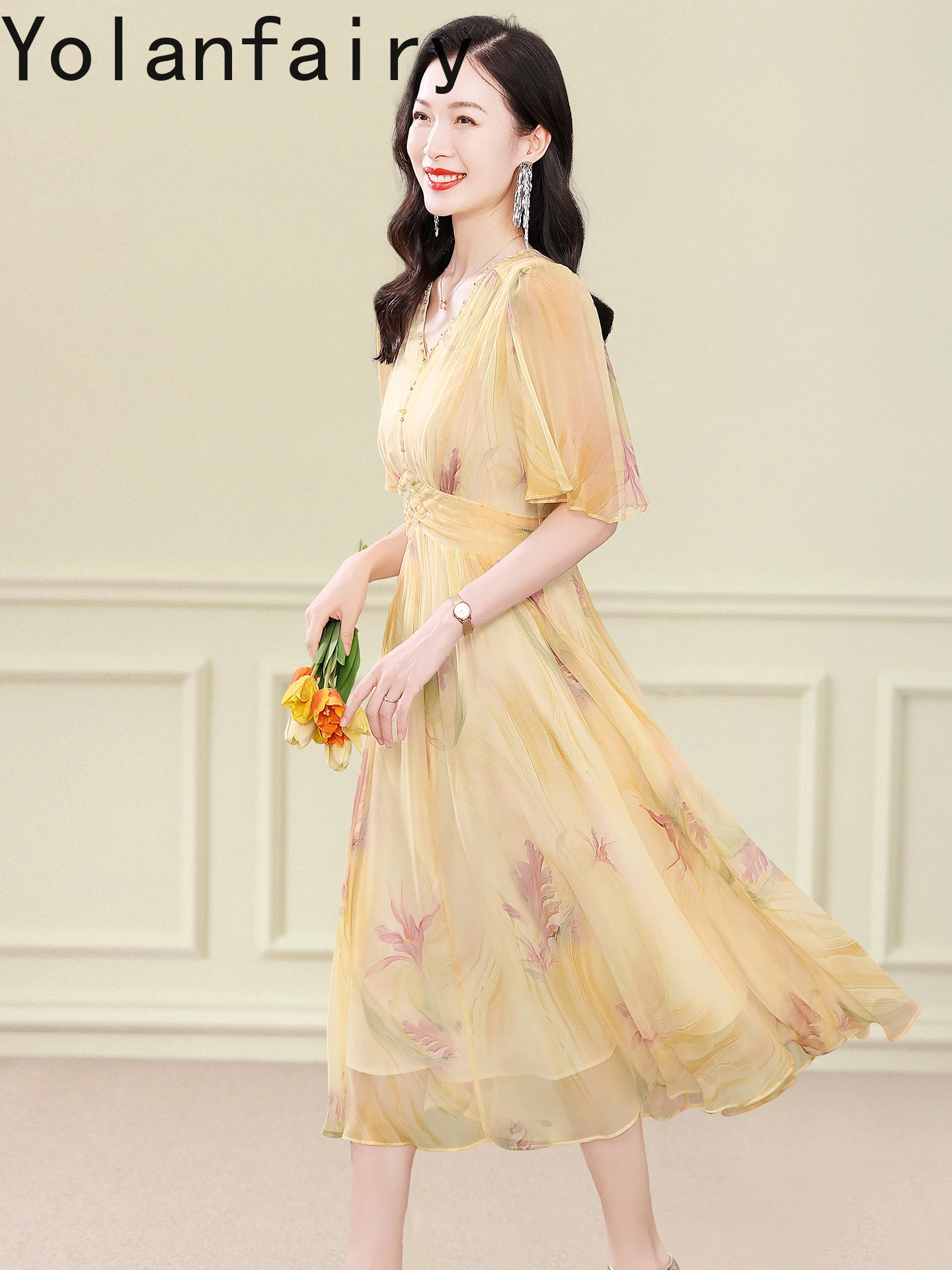 YOLANFAIRY 100% فساتين حرير التوت الطبيعي للمرأة الصيف عطلة الشاطئ نمط فستان المرأة لطيف طويل فستان زهري Vestido