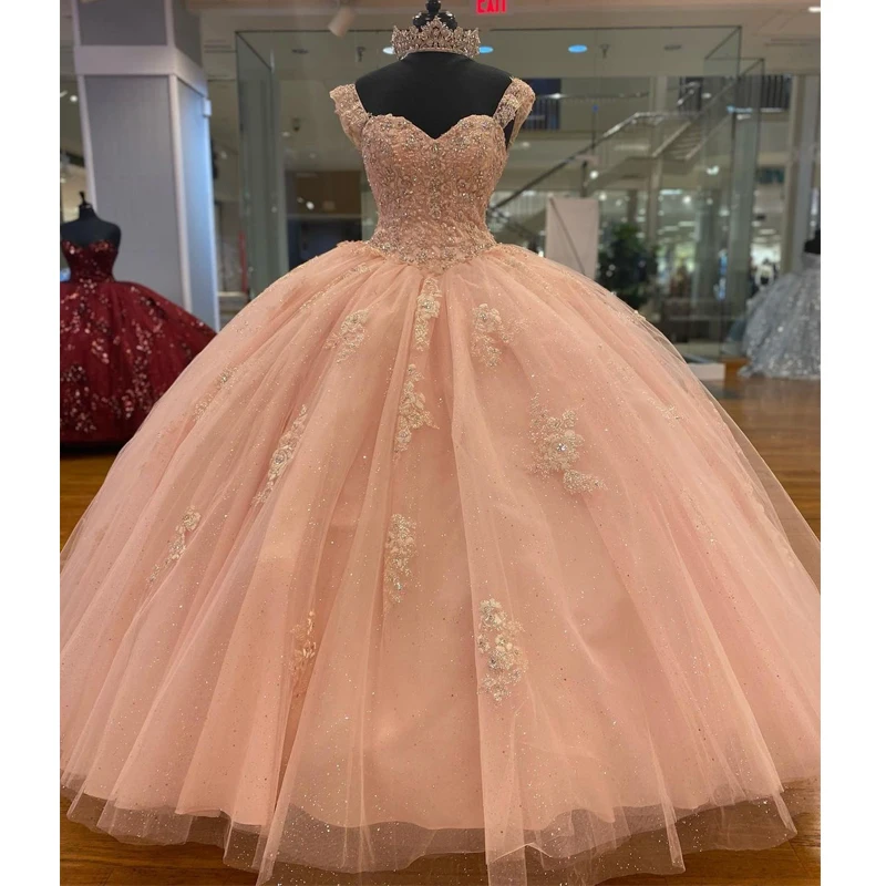 ANGELSBRIDEP Tulle Lace Up Back Ball Gown Quinceanera Dresses Beading Appliques Sweet 16 Princess Birthday Formal Party Dress