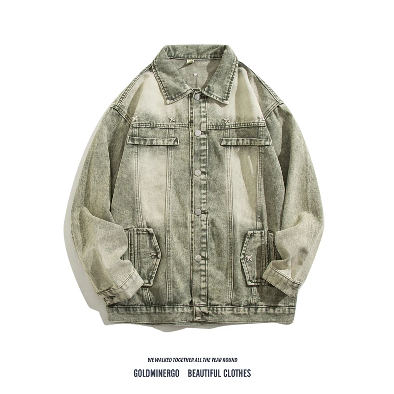 Retro American adient Denim Jaet ex Spring Autumn Trendy Brand Waed Loose Design Sense Metal Workwear Jaet