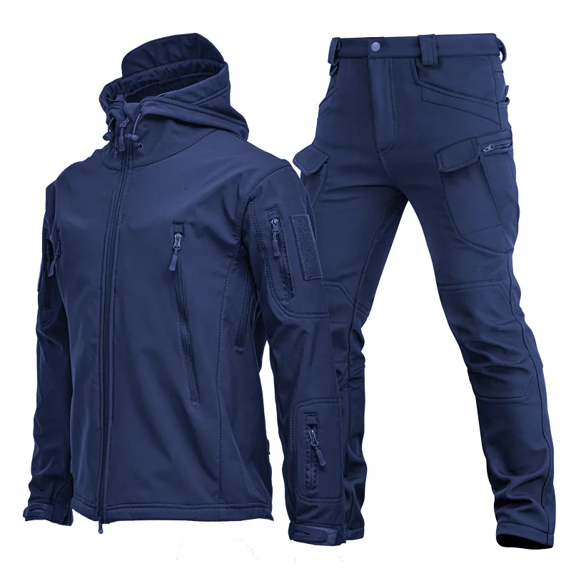 Mens Outdoor Shark Skin Softshell Jacket Set Spring Autumn Winter Military Windproof Breathable Fleece Lined