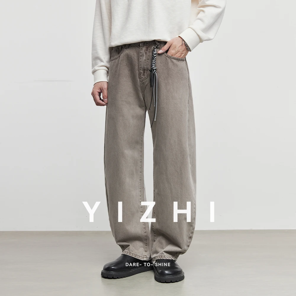 جديد لخريف وشتاء 2025 بنطال جينز فضفاض للرجال بلون كاكي فضفاض مناسب من قماش الدنيم مع حزام مزخرف بنطلون ملابس غير رسمي #4