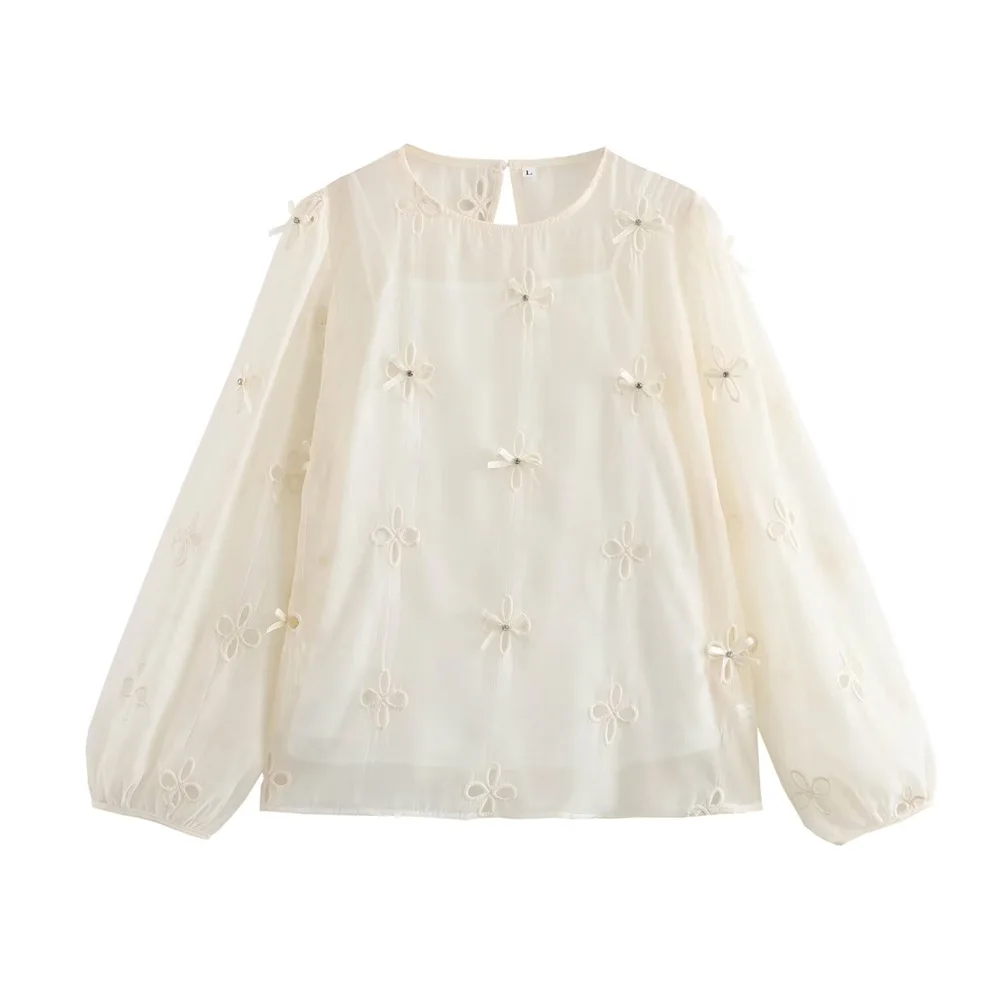 

UNIZERA2024 Summer New Product Women's Fashion Bow Embroidered Beaded Round Neck Long Sleeve Loose Shirt Top