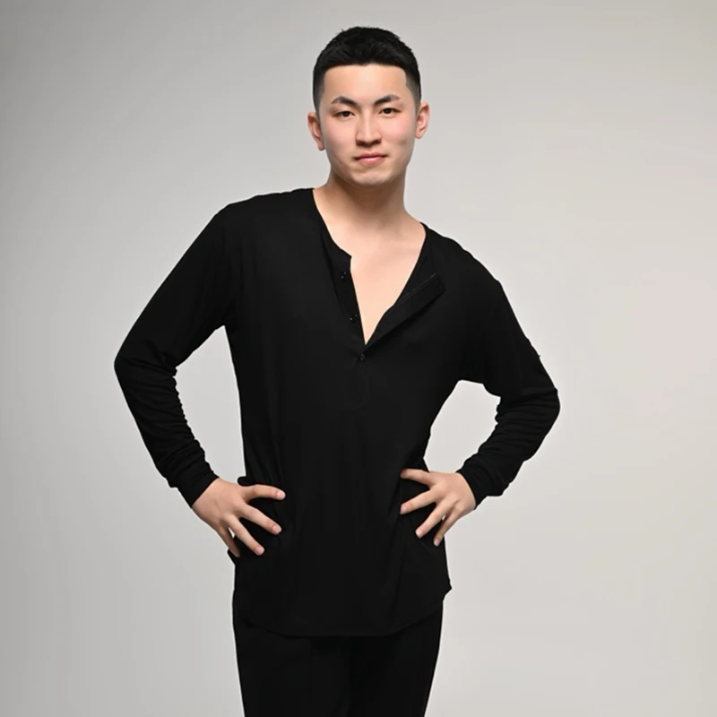 

Latin Dance Top Long Sleeve Black Training Clothes Men Round Neck Tops With Button Rumba Practice Wear Male Latin Dancewear 3566